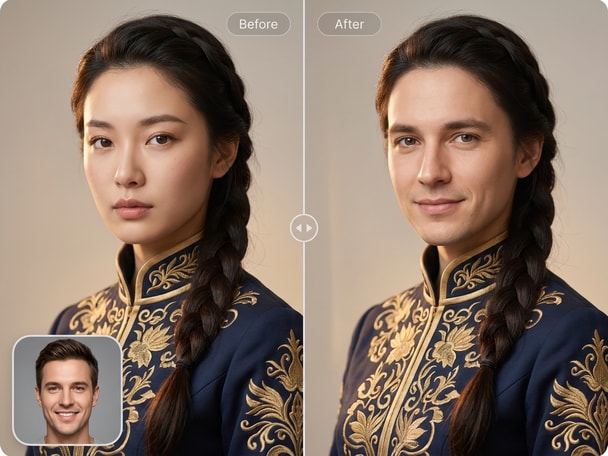 Before and after photo showing anime cosplay face swap transformation