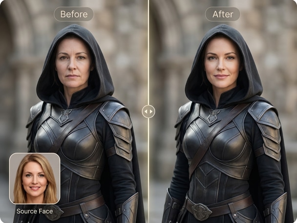 Anime-style cosplay photo face swap comparison image