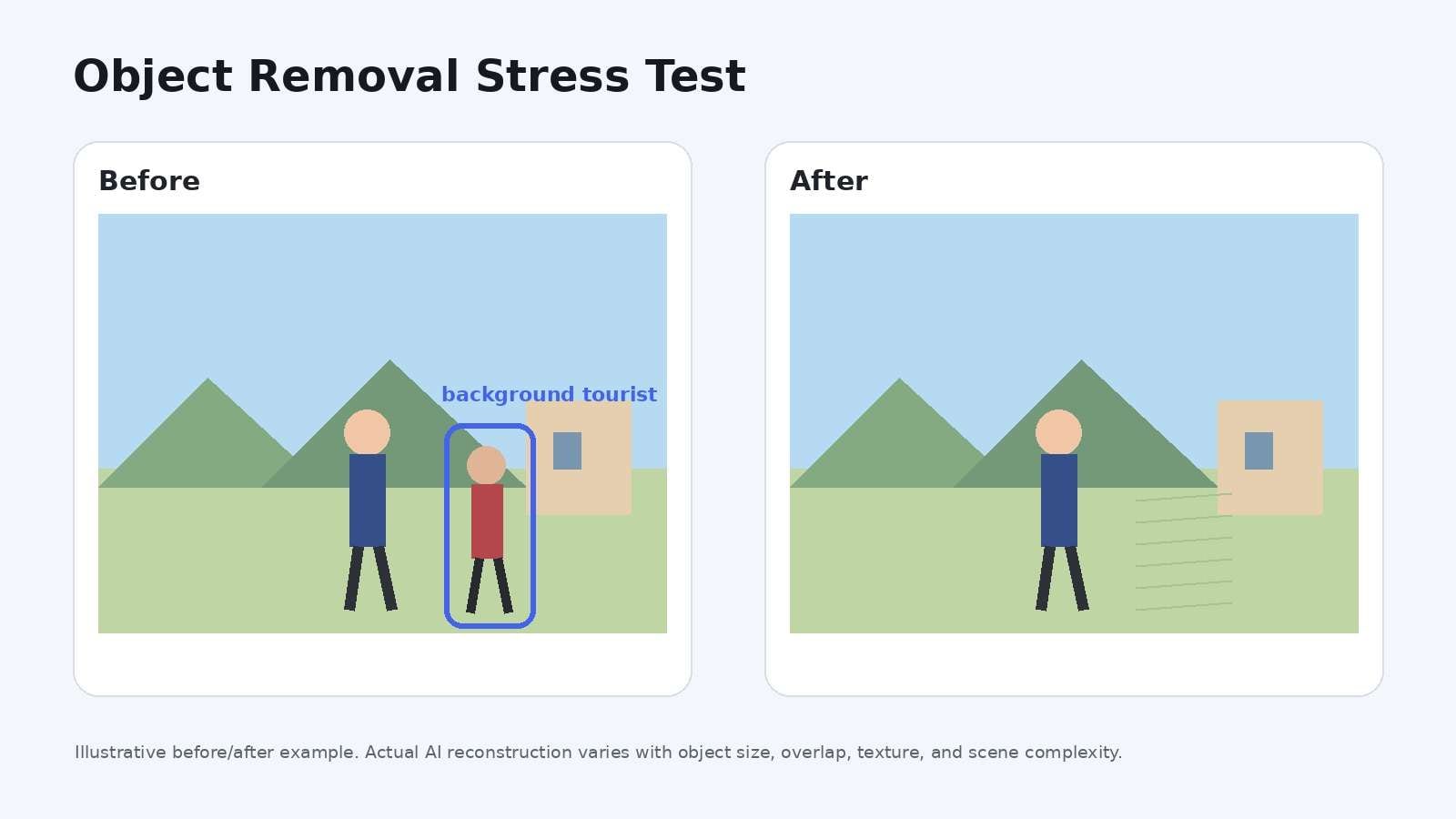 Before and after illustration showing removal of a background tourist