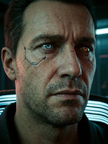 AI-rendered cyberpunk avatar with asymmetrical glowing eyes