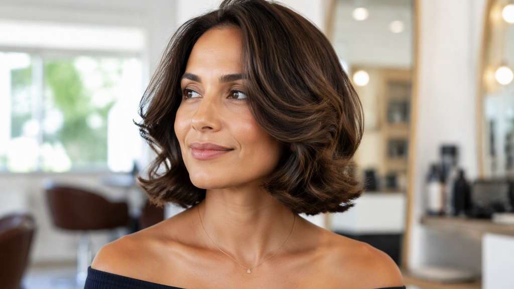 Center-Parted Sculpted Bob hair on an adult model, showing symmetrical large soft curls around both cheeks, neck-length base maintained.