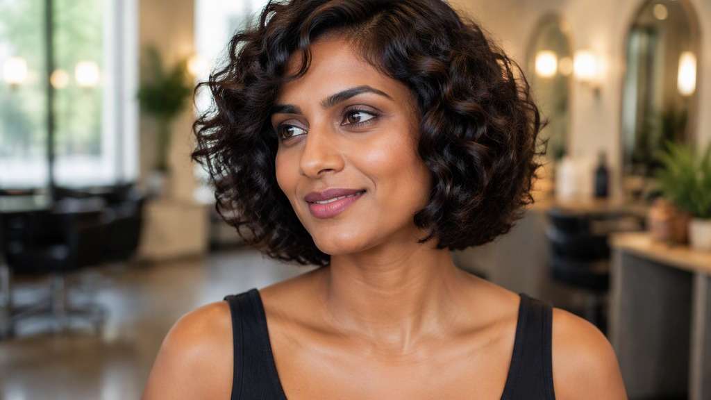 Natural-Curl Baroque Adaptation hair on an adult model, showing preserve defined original curl texture but style into a more rounded formal bob 
