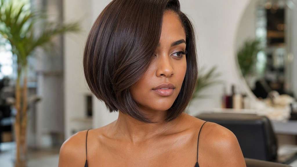 Old-Hollywood Baroque Bob hair on an adult model, showing deep side part and long smooth front wave curving toward cheekbone over bob peri