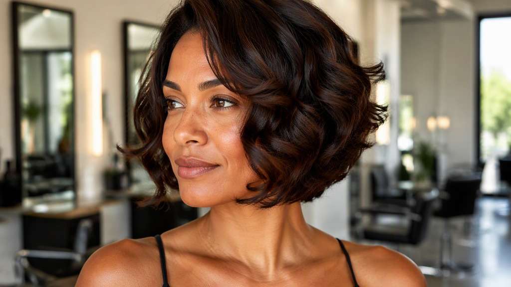 Shorter Baroque Curl Bob hair on an adult model, showing chin-level curled silhouette, polished sculpted bends and open neck.