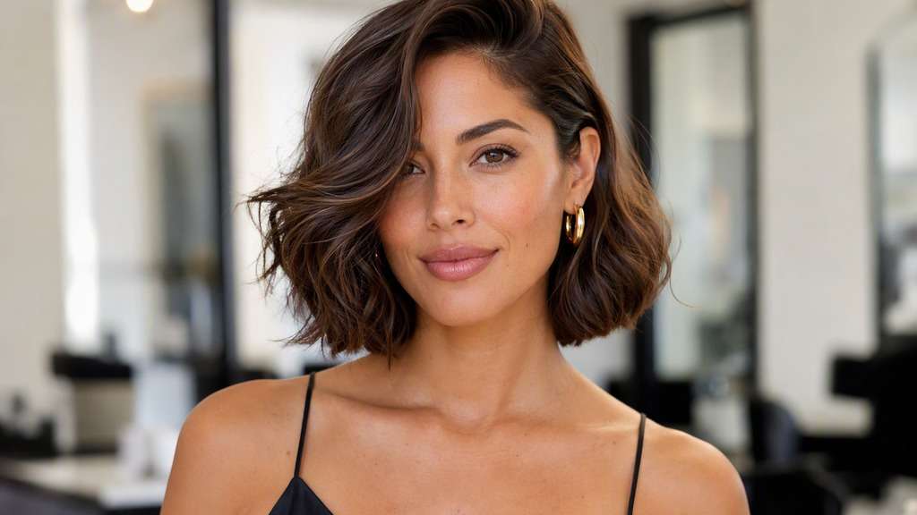 Side-Swept Evening Bob hair on an adult model, showing neck-length bouncy bob, one side tucked behind ear and other styled into big wav