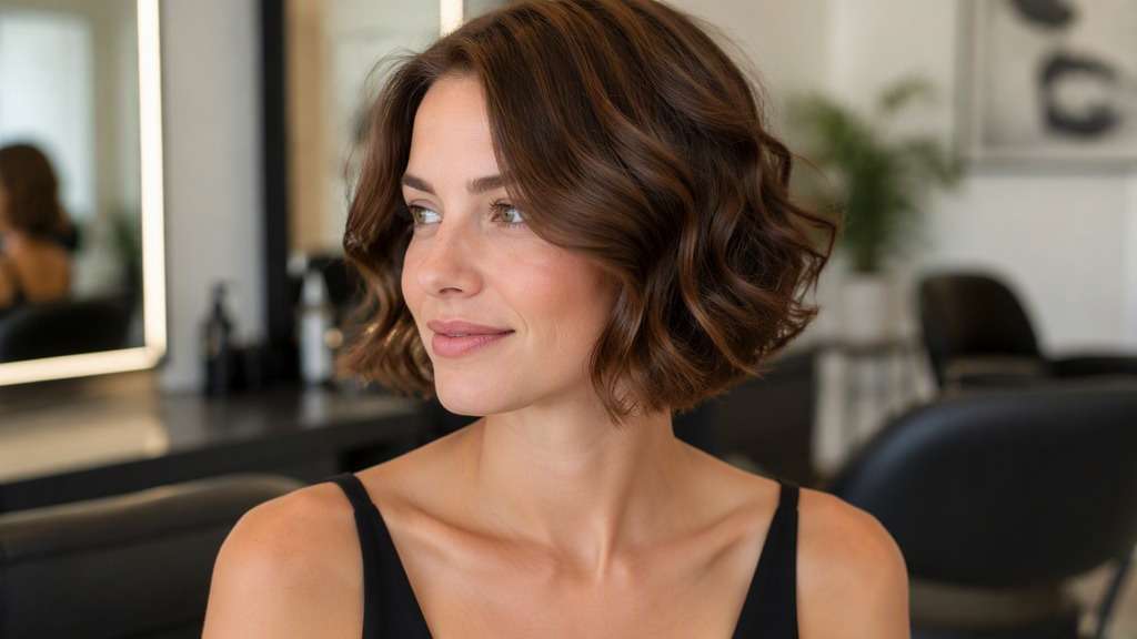 Soft Baroque Bob hair on an adult model, showing relaxed bigger curls with lower volume and a less formal neck-length bob.