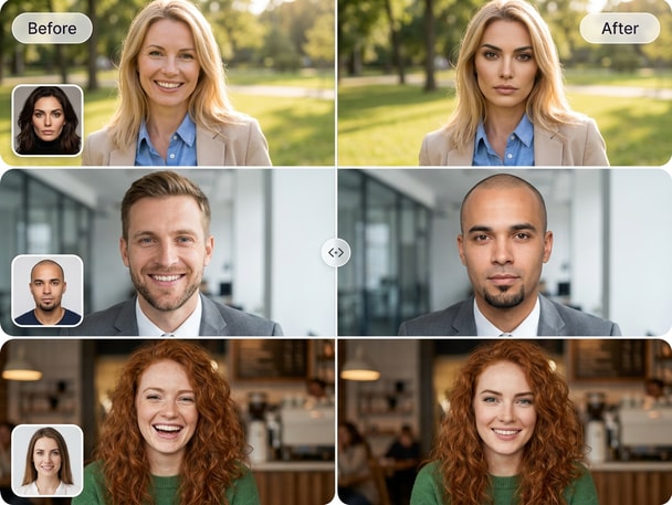 AI batch face swap preview with multiple portraits