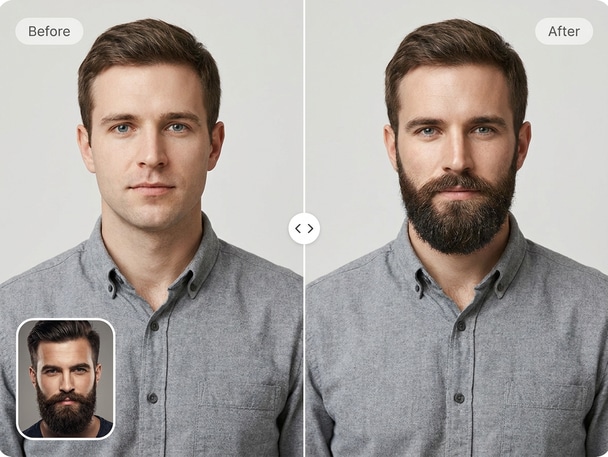 AI beard face swap before and after comparison portrait