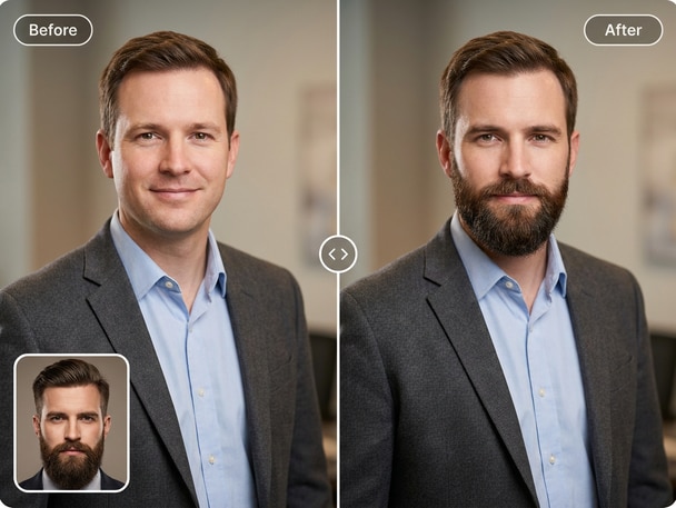 portrait face transformation with beard swap using AI