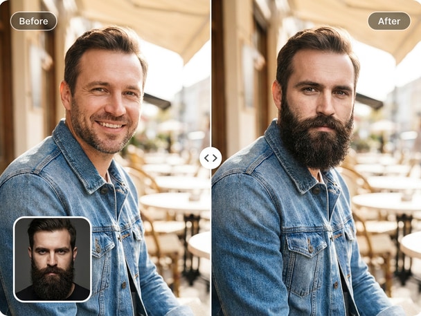 AI beard face swap preview showing realistic facial hair transformation