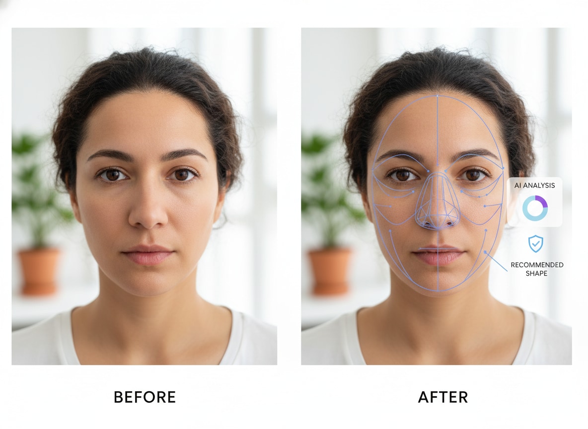 Woman using AI nose shape analyzer for beauty discovery