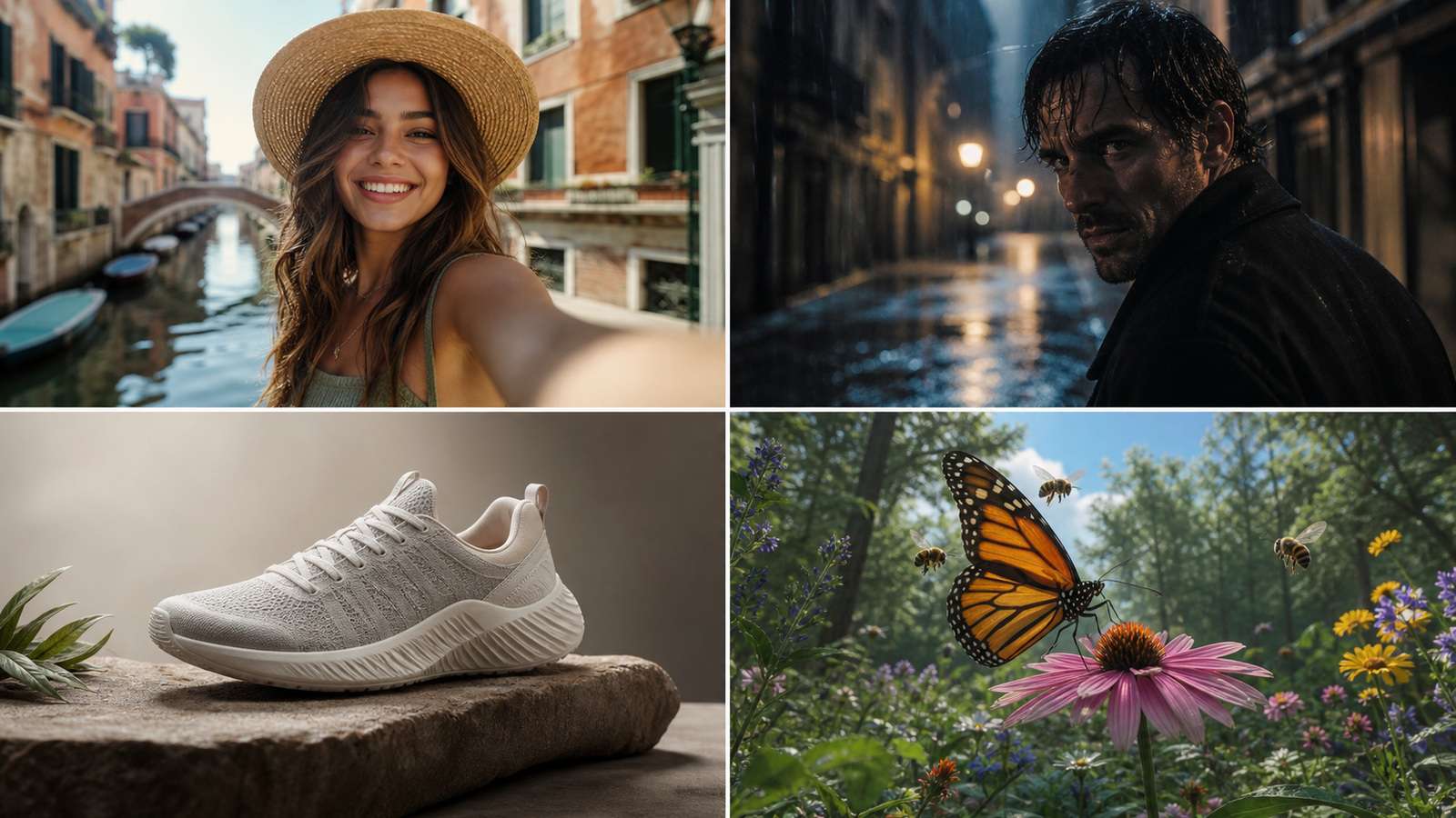Photorealistic comparison of beginner AI video outputs for social, cinematic, product, and character projects