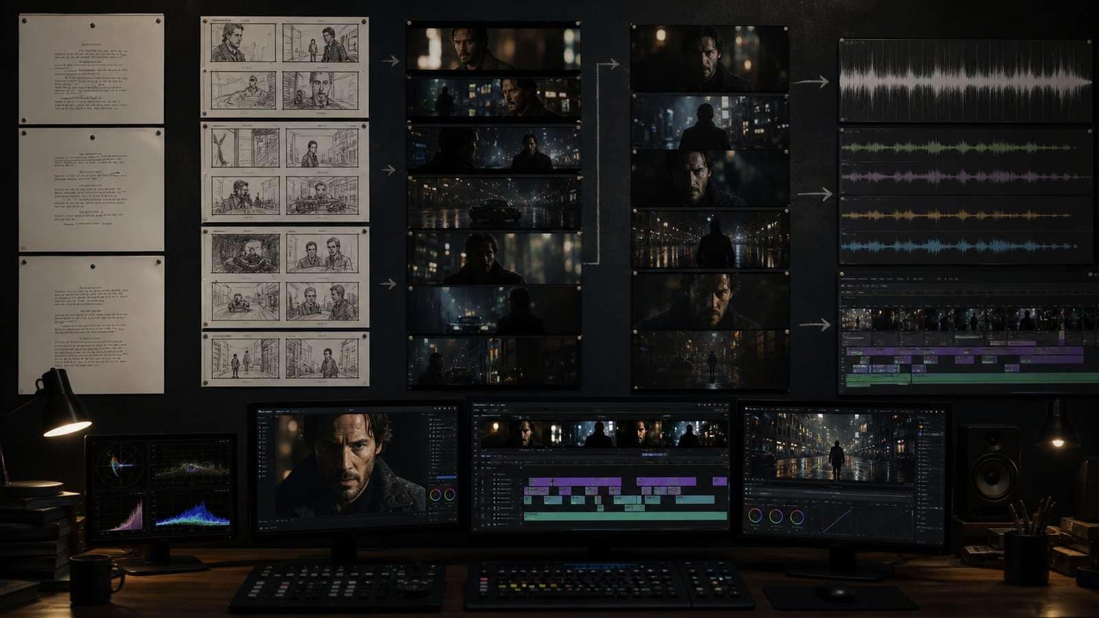 Cinematic production pipeline showing screenplay storyboard consistent keyframes generated shots voice sound and final edit