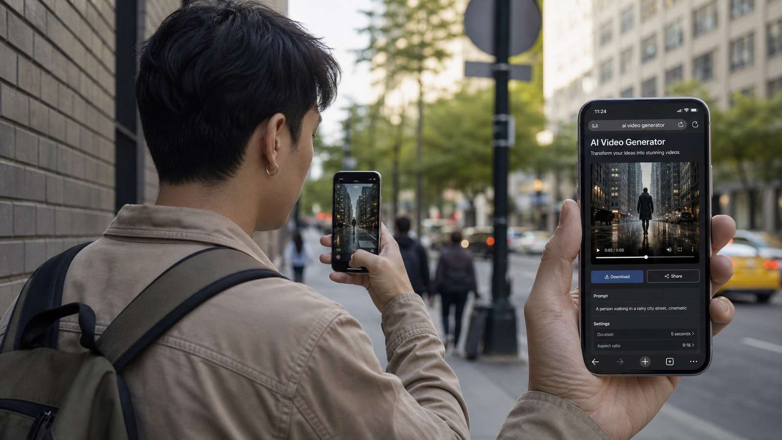 Creator filming a street scene then generating and editing an AI video on an English-language smartphone interface