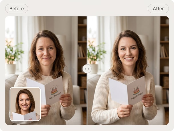 Birthday card face swap design preview with festive decorations