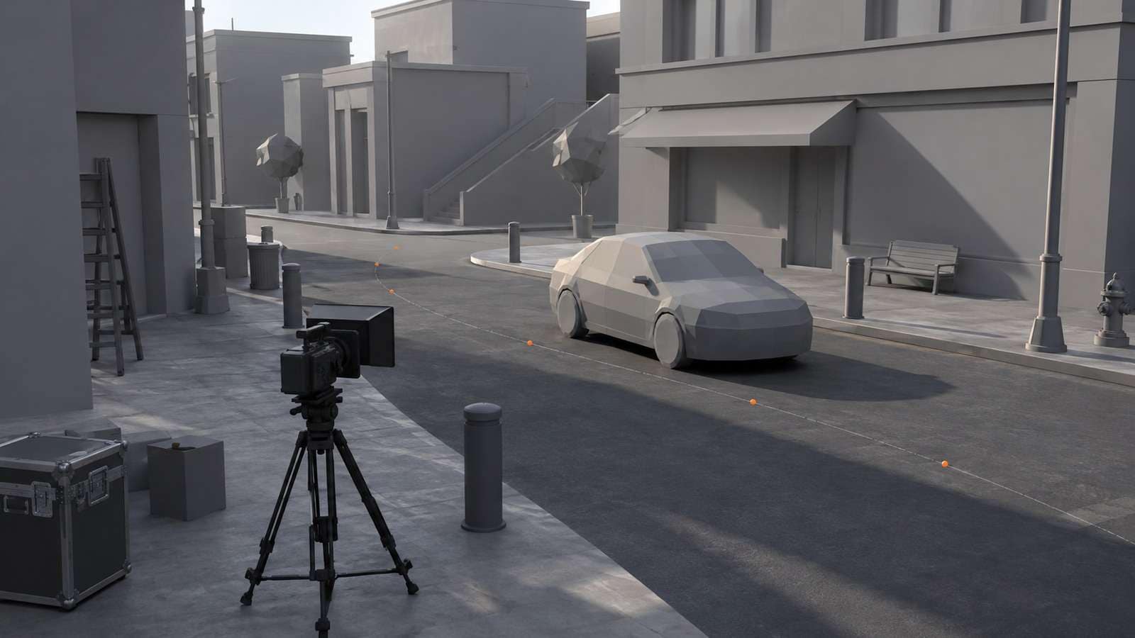 A simple gray-blocked 3D street scene with camera path markers and a vehicle placeholder