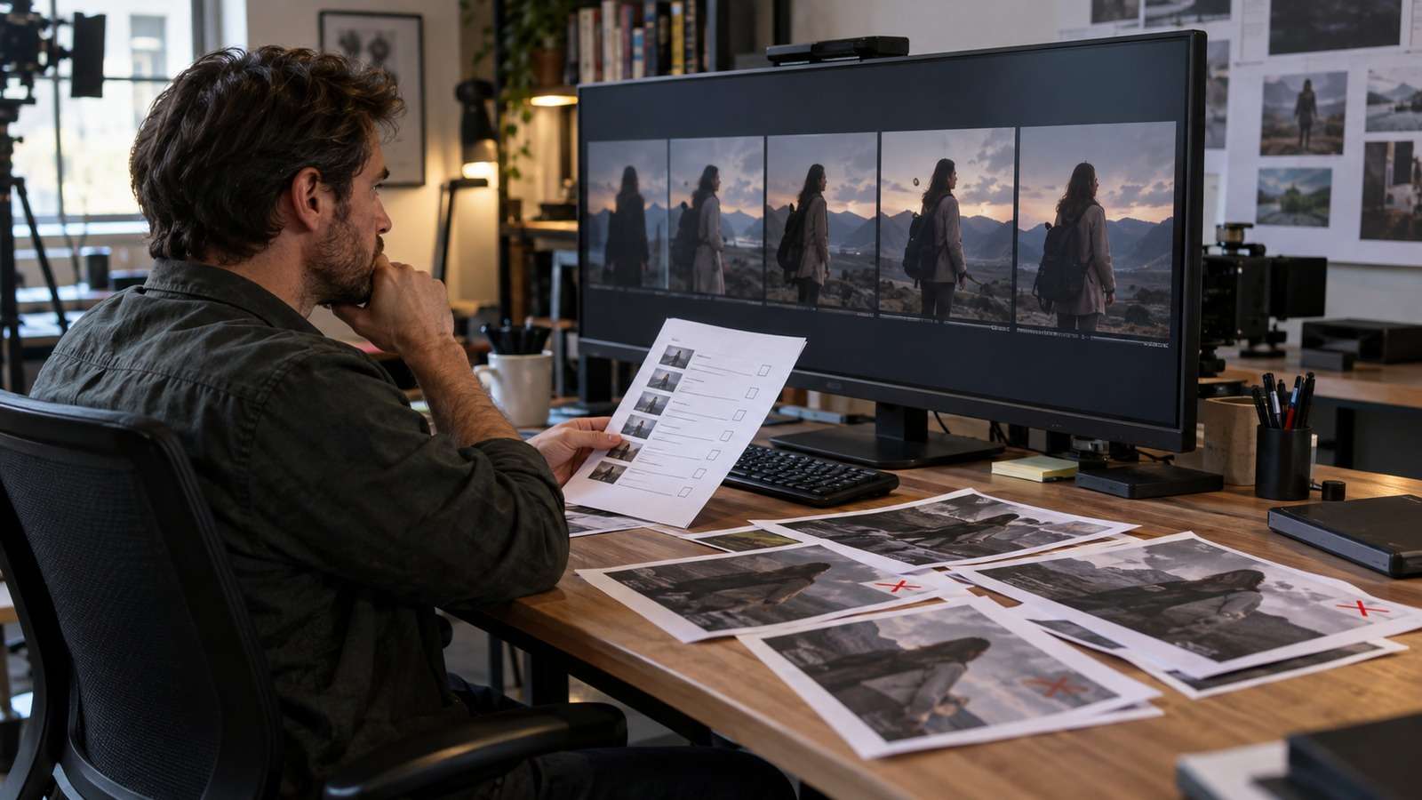 An editor reviewing sequential AI video frames with a continuity checklist and rejected variations