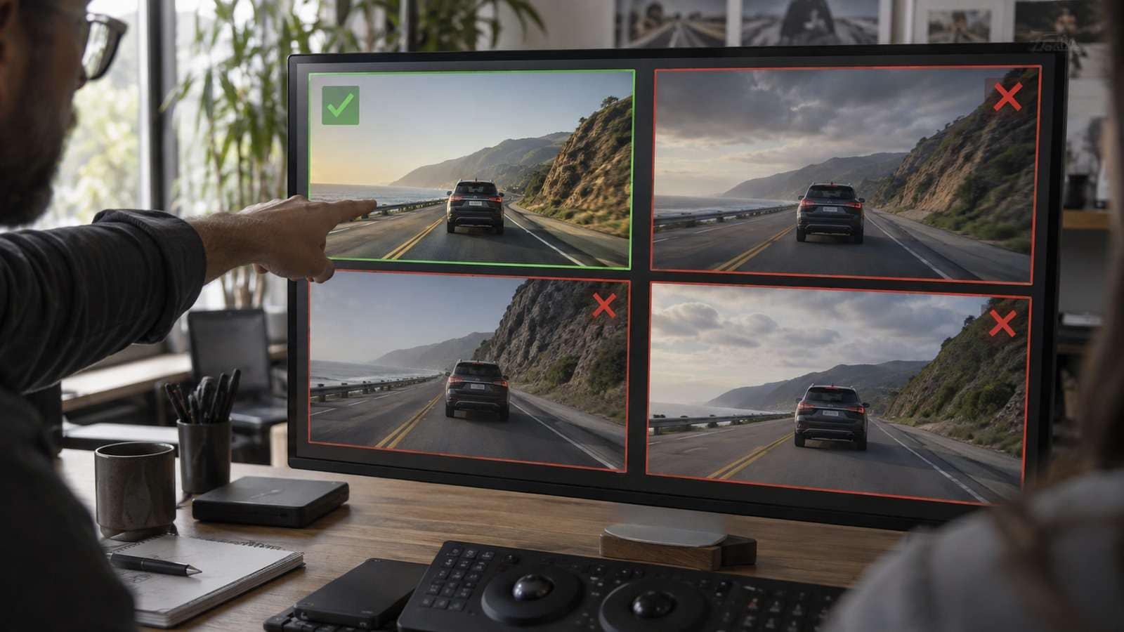 A four-panel proof-shot review showing the same camera move at different generation attempts