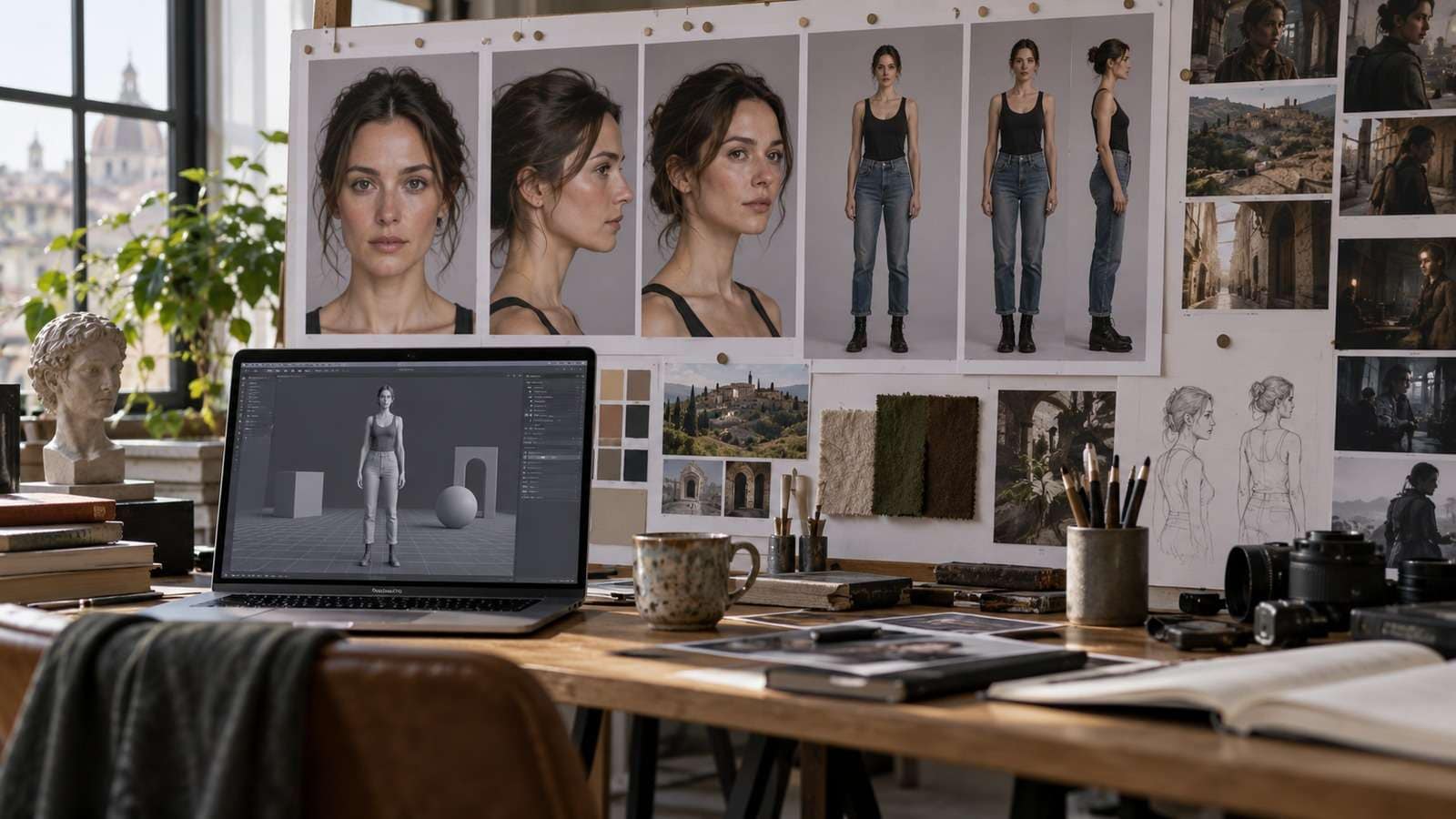 A character reference sheet with front, profile, three-quarter, and full-body views beside a Blender scene