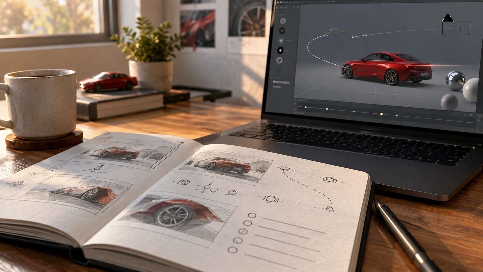 A filmmaker shot brief beside a Blender viewport showing a low tracking camera and a red electric coupe