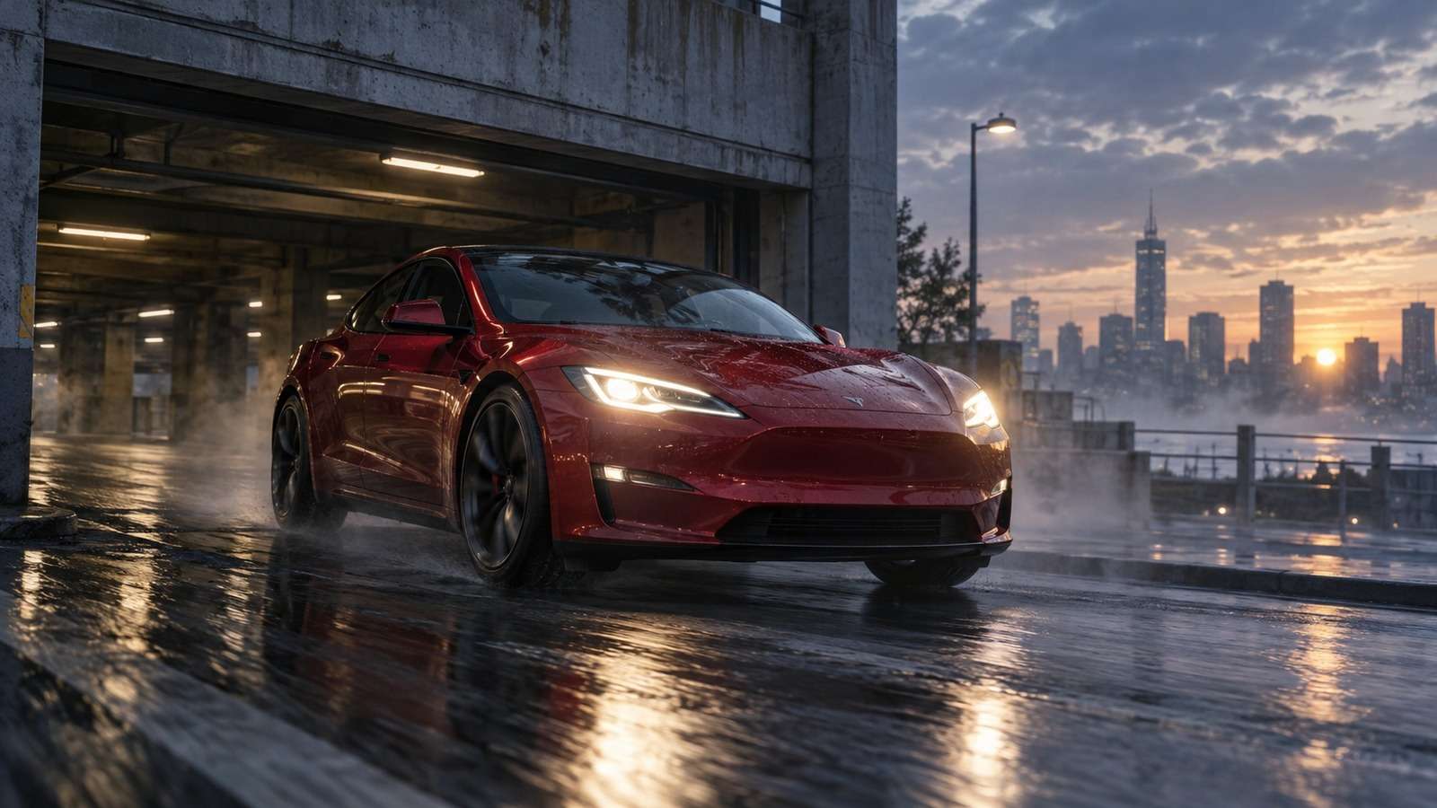Cinematic AI-generated car footage with wet pavement, headlights, mist, and controlled camera framing