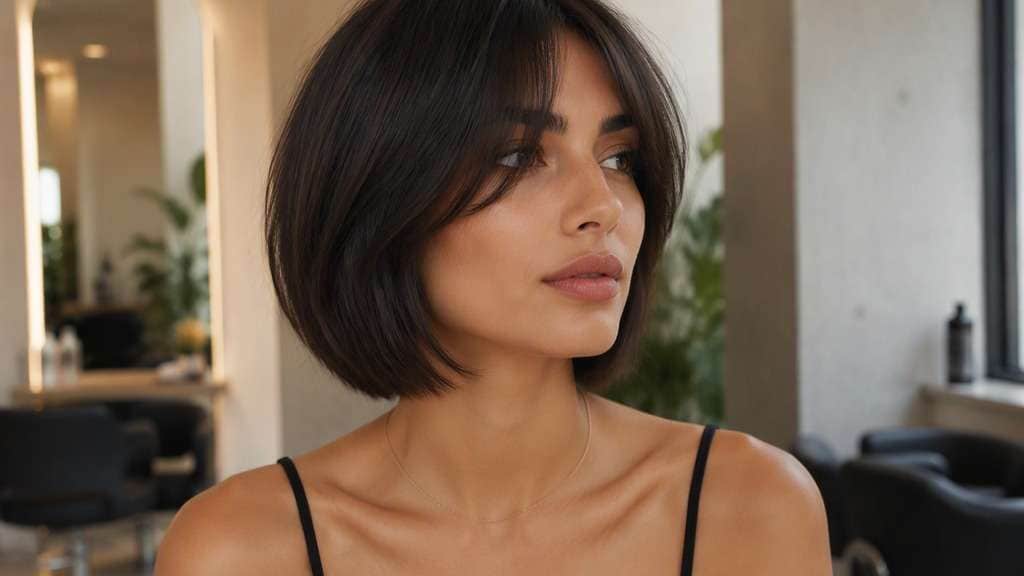 Blunt Bob with Curtain Bangs hair on an adult model, showing full-edged neck-length bob with lightweight curtain fringe framing cheekbones.