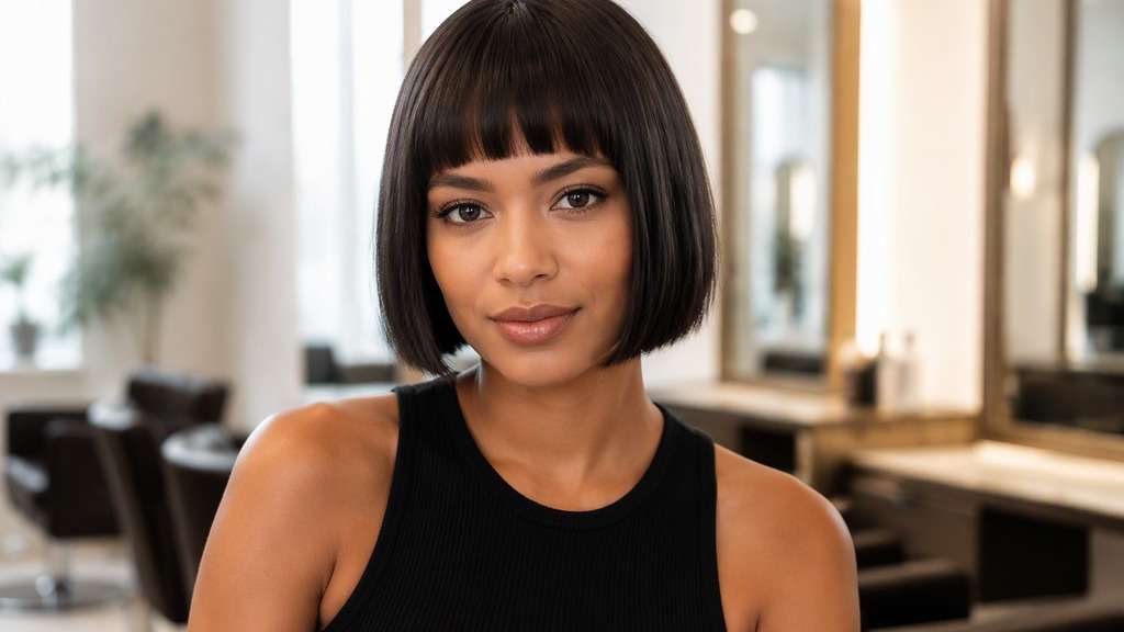 Blunt Bob with Full Fringe hair on an adult model, showing straight eyebrow bangs above smooth sharply level jaw-length ends.