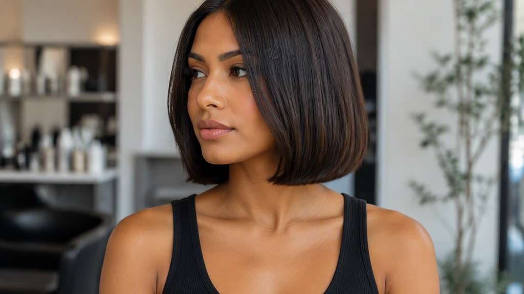 Chin-Length Precision Bob hair on an adult model, showing even blunt ends finishing exactly at lower chin, barely inward-tucked tips.