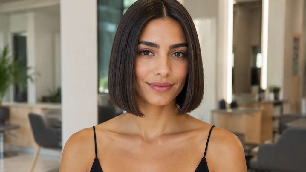 Classic Jaw-Level Blunt Bob hair on an adult model, showing uniform jaw-level straight weight line, precise center part and naturally glossy