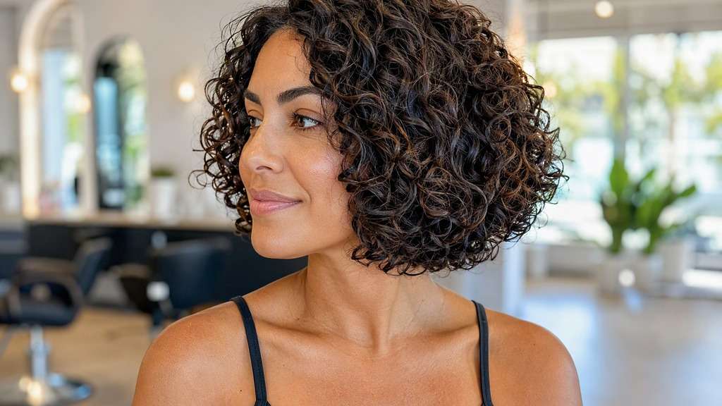 Curly Blunt-Outline Bob hair on an adult model, showing natural curls shaped to visually even dry perimeter near jaw, no flattened coils