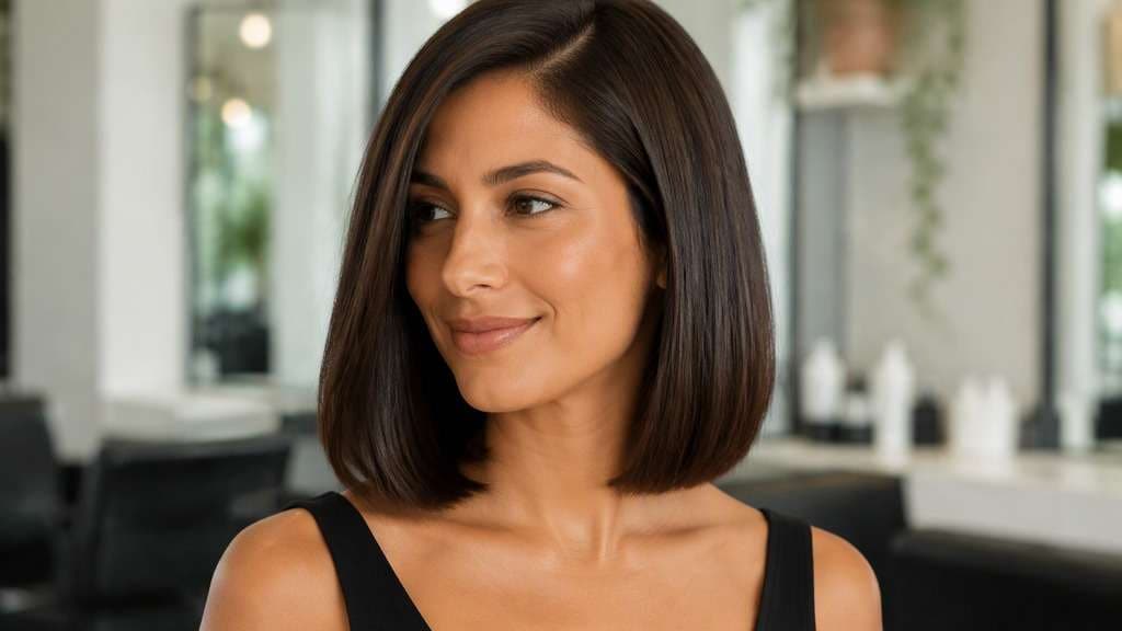 Deep Side-Part Blunt Bob hair on an adult model, showing identical one-length cut with a deep soft side part and unbroken lower edge.