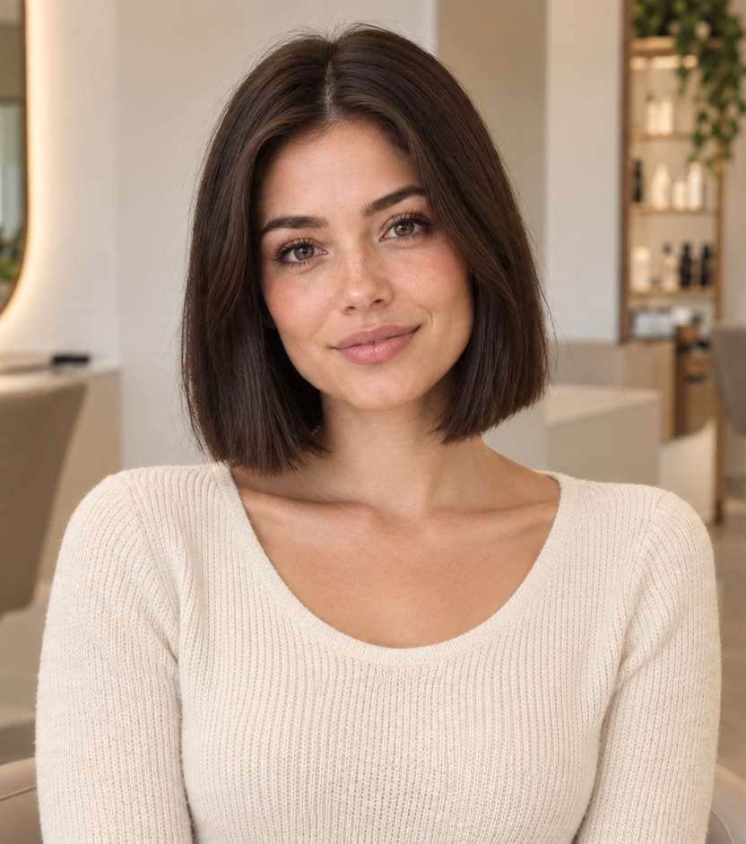 After hairstyle portrait for blunt bob filter: precise, straight jaw-length blunt bob with full even ends