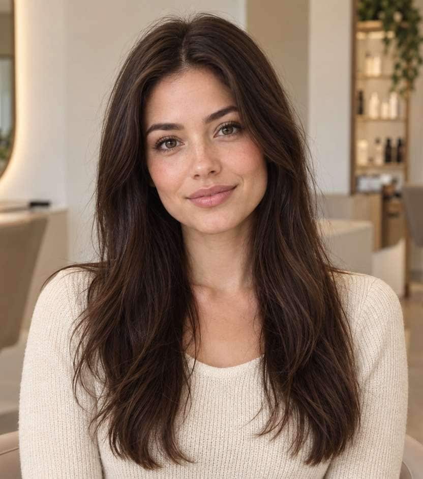 Before hairstyle portrait for blunt bob filter: original longer hair