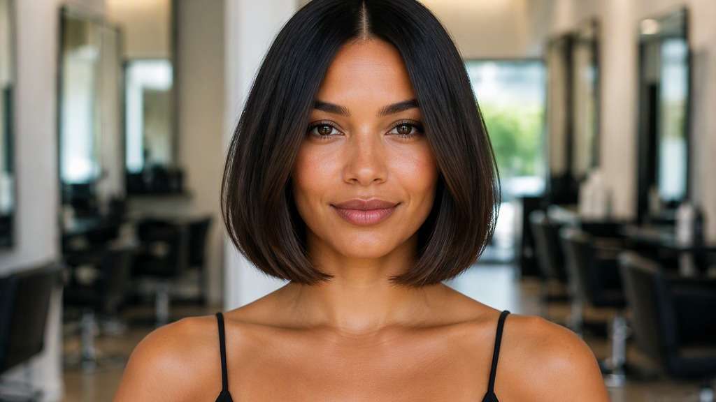 Middle-Part Blunt Bob hair on an adult model, showing a strong centered part and strictly symmetrical smooth bob falling below jaw.