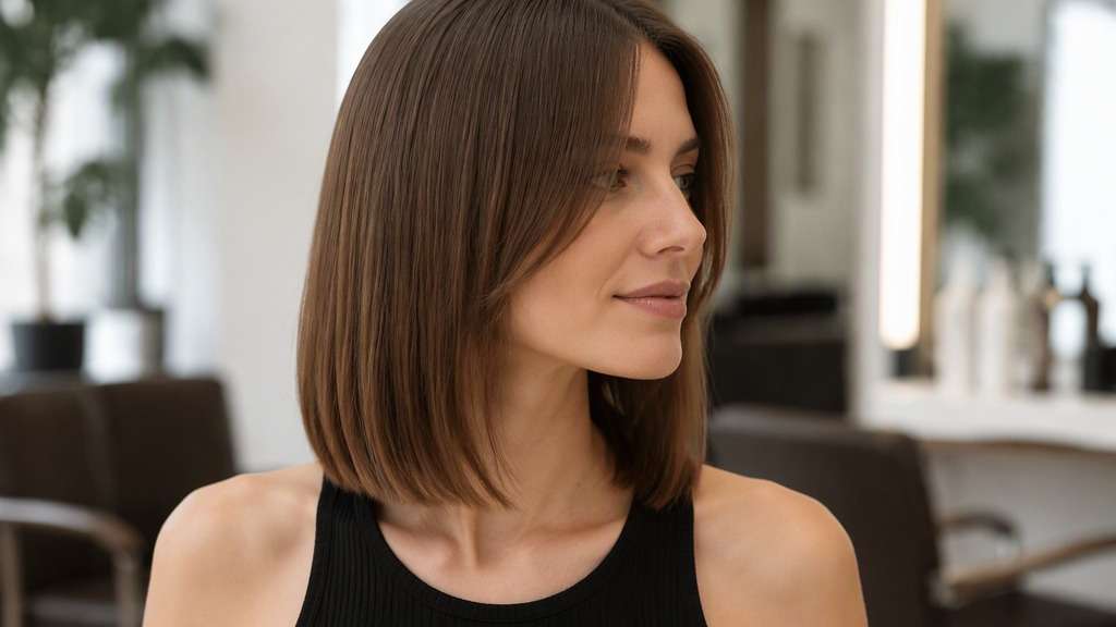 Neck-Length Blunt Bob hair on an adult model, showing longer blunt line at middle neck with dense but believable ends.