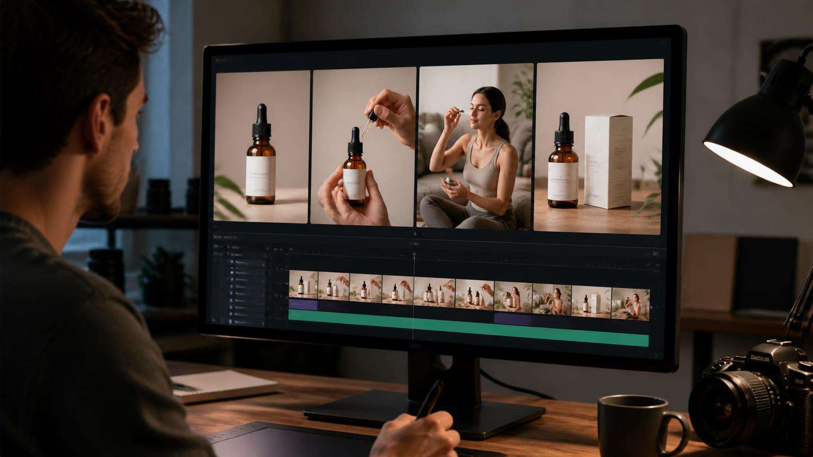 Four-shot product ad plan separating label hero shot, hand interaction, lifestyle use, and final packshot