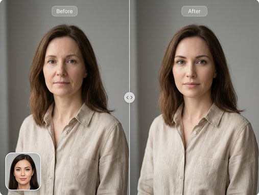 Before and after celebrity face swap comparison by Media.io