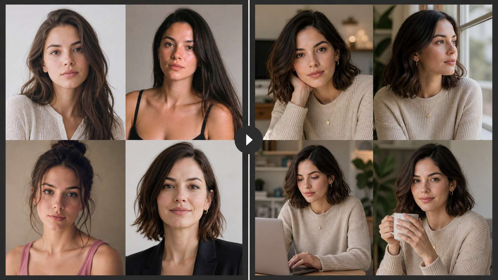 Before and after comparison showing identity drift fixed across multiple AI character scenes