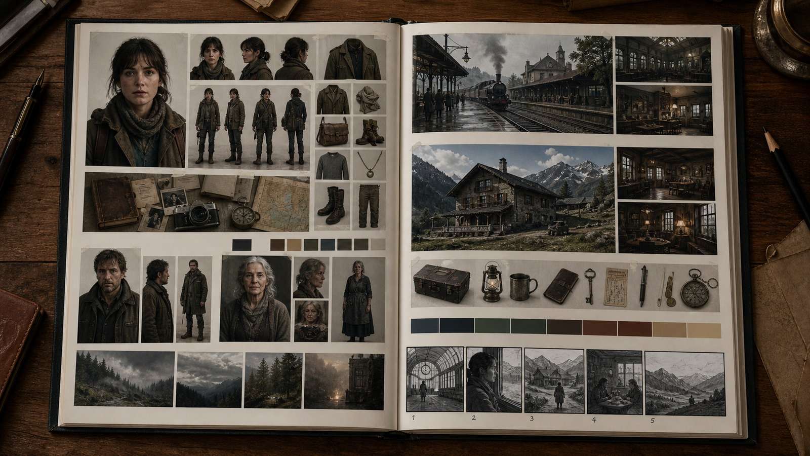 Character, wardrobe, location, prop, palette, and storyboard references organized in a long AI video production bible