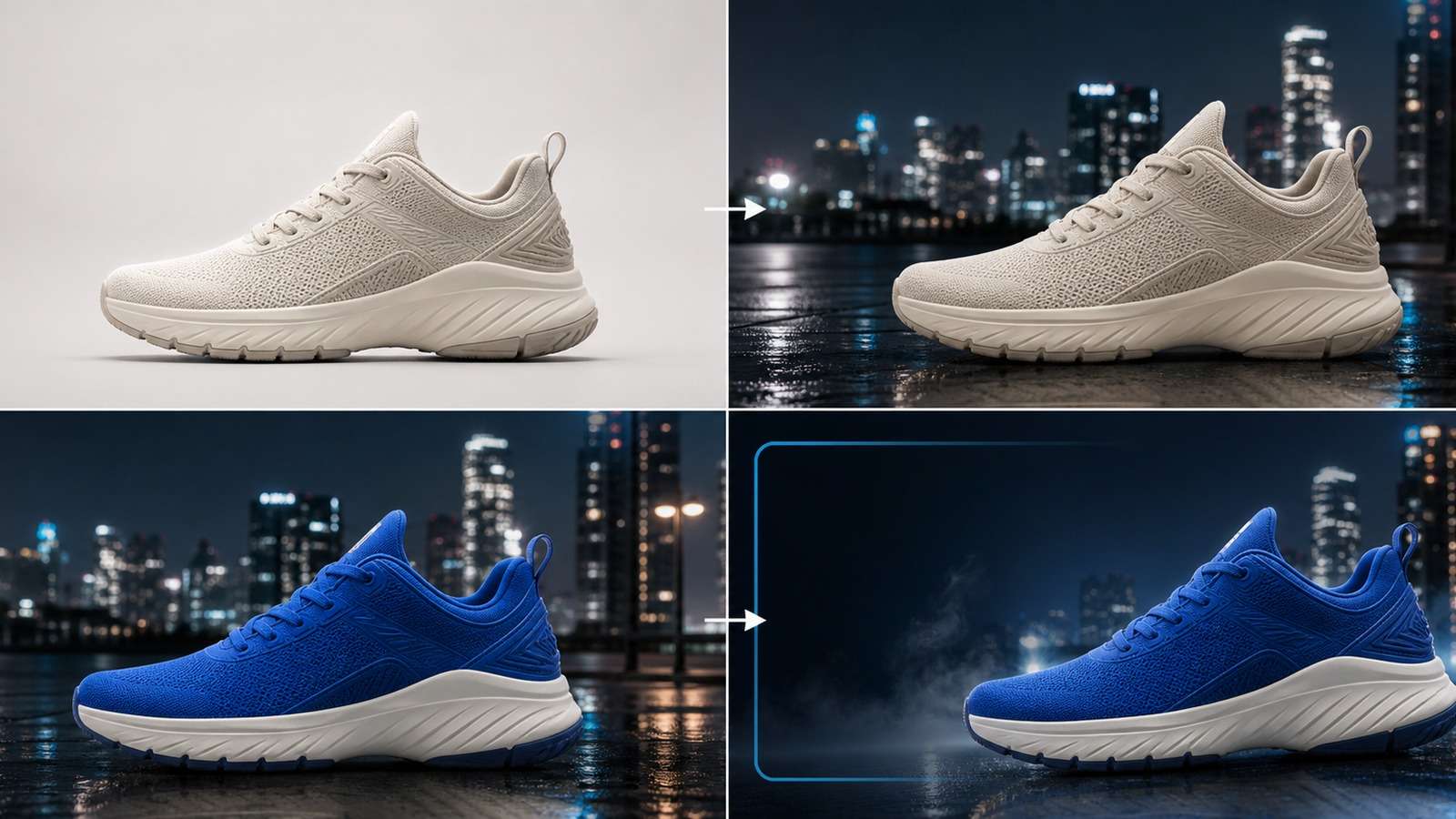 Conversational AI image editing sequence preserving a product while changing color background and layout