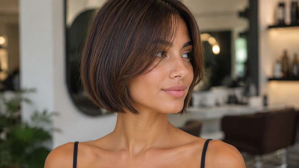 Chin Bob with Curtain Bangs hair on an adult model, showing short bob at lower jaw with long split fringe sweeping toward cheekbones.