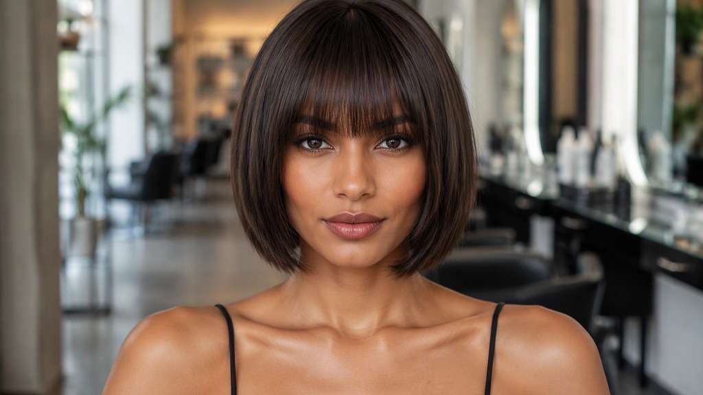 Chin Bob with Full Fringe hair on an adult model, showing even eyebrow-skimming bangs coupled with level chin-length sides.