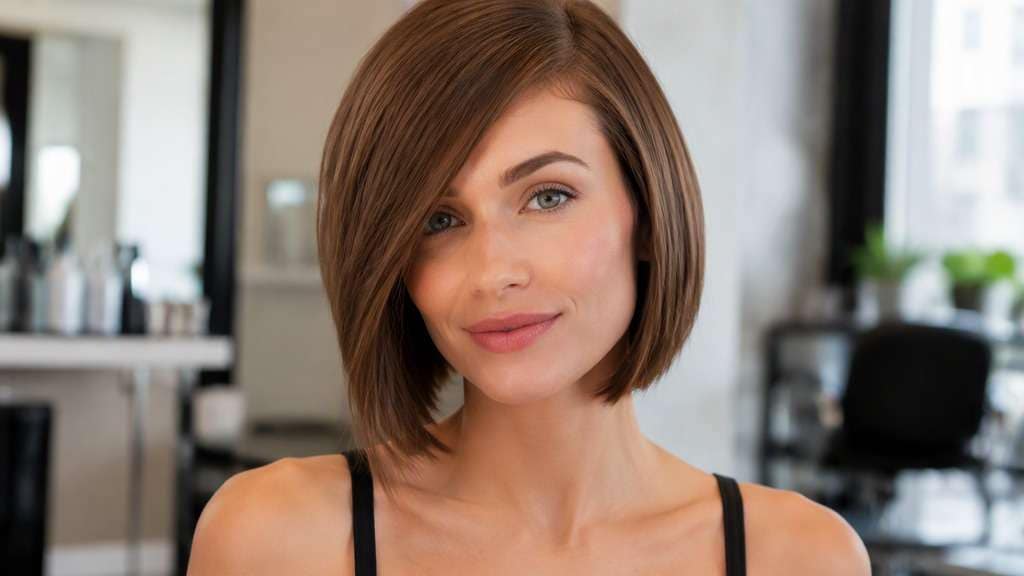 Chin Bob with Side Part hair on an adult model, showing strong side part and diagonal sweep across the forehead, ends level with chin.