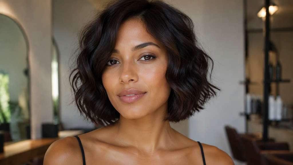 Chin-Length Wavy Bob hair on an adult model, showing loose waves with their longest dry ends sitting on the jawline, not at shoulders