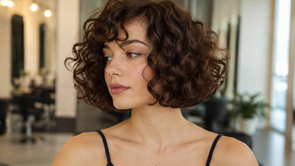 Curly Chin-Length Bob hair on an adult model, showing true ringlet or curl definition with dry outline near chin and balanced width.