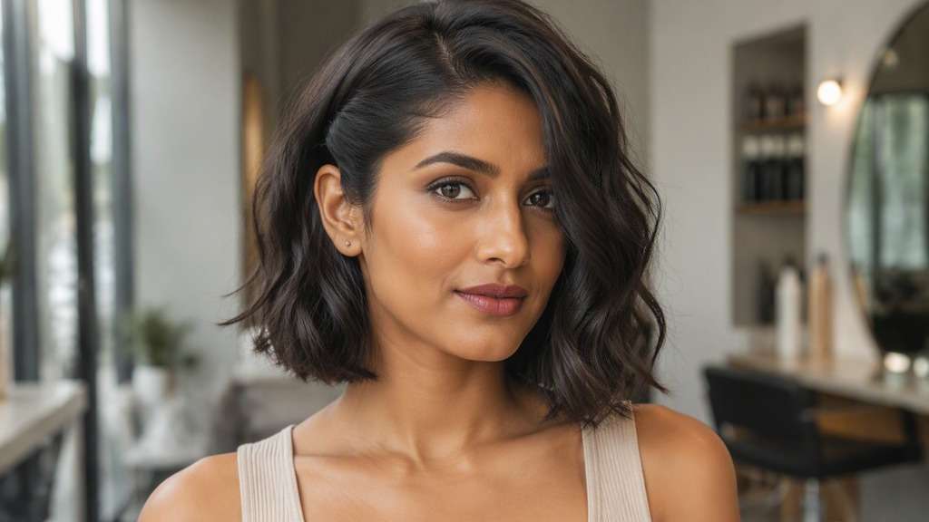 Sleek Tucked-Behind-Ear Bob hair on an adult model, showing chin-long polished hair tucked behind one ear while preserving the other side si