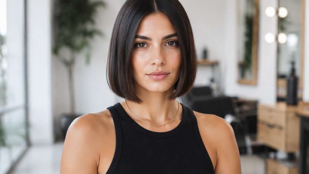 Straight Chin-Length Bob hair on an adult model, showing sharp smooth jaw-aligned perimeter with a precise center part and little crown v