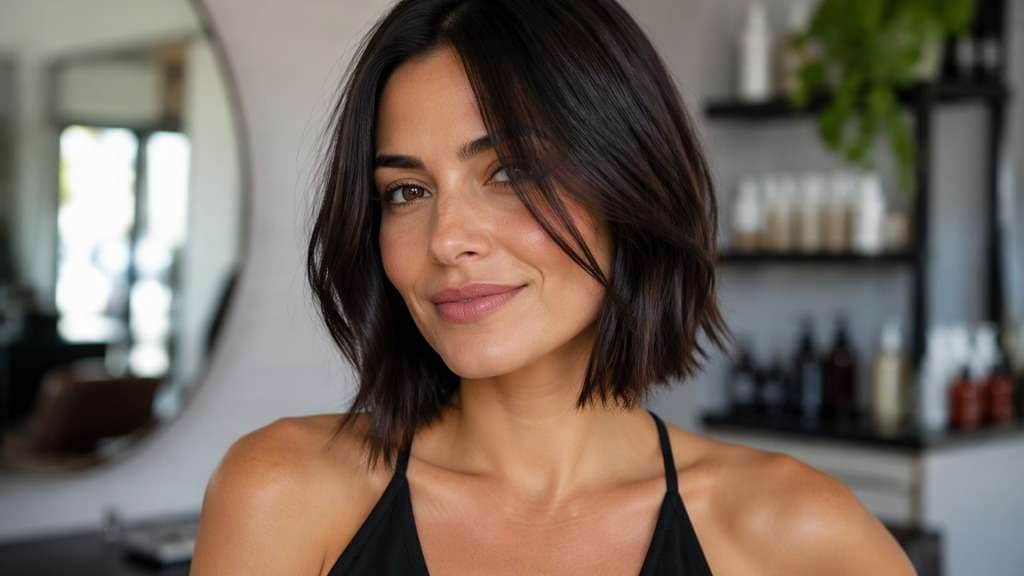Textured Chin-Length Bob hair on an adult model, showing piecey lower ends with modest texture and no heavily shredded crown.
