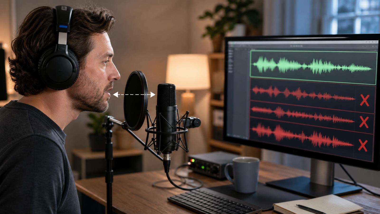 A home studio recording setup with one narrator, fixed microphone distance, pop filter, clean waveform, and rejected noisy reference clips