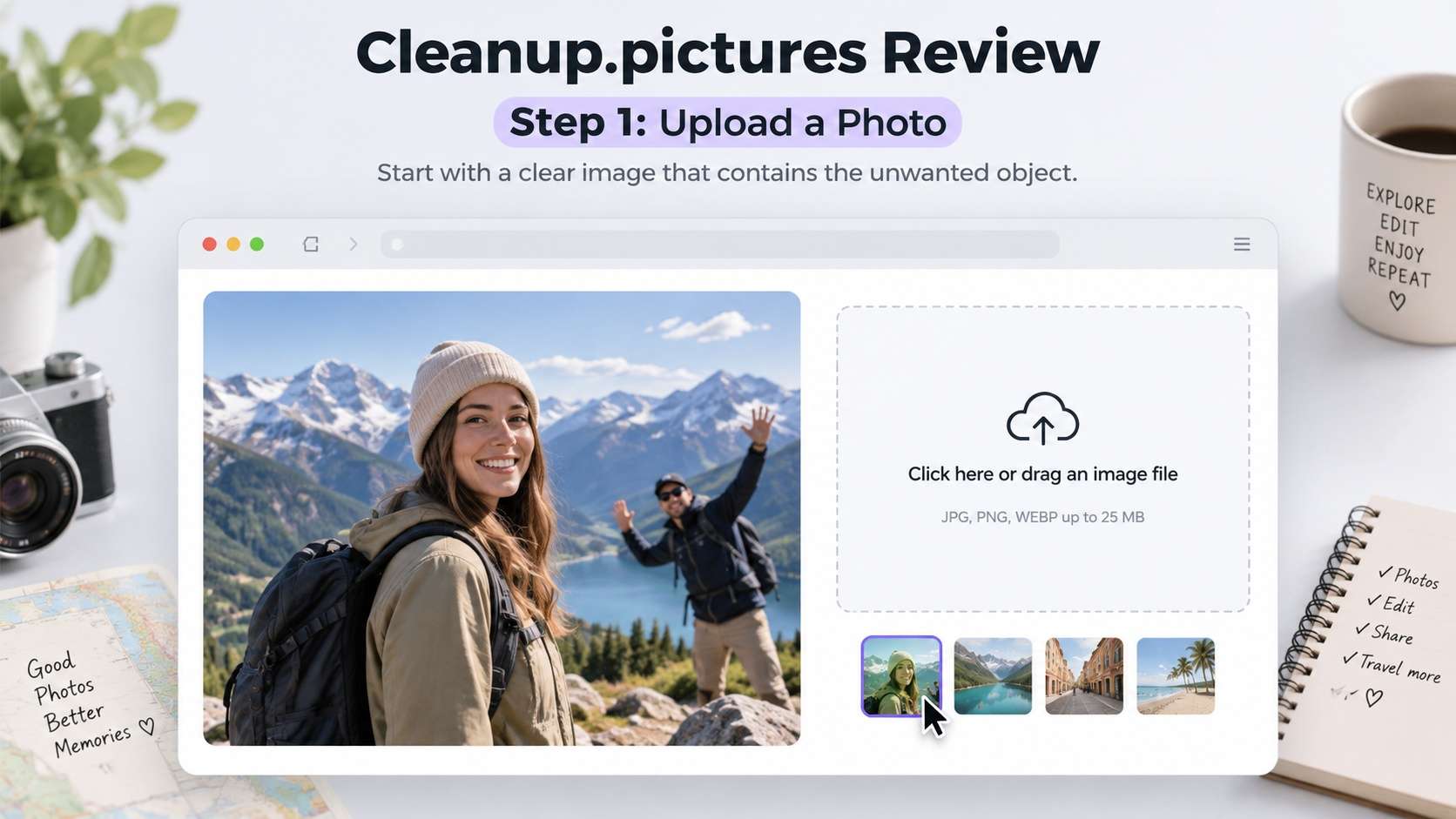 Cleanup.pictures style workflow illustration: upload brush review
